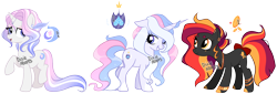 Size: 2610x888 | Tagged: safe, artist:dixieadopts, imported from derpibooru, oc, oc only, oc:crystal shield, oc:noveau riche, oc:royal moonlight, earth pony, pony, unicorn, female, mare, offspring, parent:fancypants, parent:filthy rich, parent:fluttershy, parent:princess cadance, parent:shining armor, parent:sunset shimmer, parents:fancyshy, parents:shiningcadance, simple background, transparent background