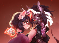 Size: 2050x1512 | Tagged: safe, artist:jewellier, imported from derpibooru, oc, oc only, pony, unicorn, abstract background, art trade, black sclera, choker, clothes, couple, duo, duo male and female, ear piercing, earring, female, glowing, glowing horn, horn, jewelry, looking at each other, looking at someone, magic, magic aura, male, mare, particles, piercing, spiked choker, stallion, sticker, unicorn oc, unshorn fetlocks, yuumi