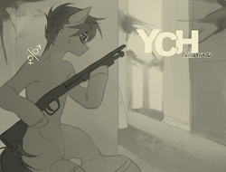 Size: 4316x3276 | Tagged: safe, artist:teturirusu, imported from derpibooru, pony, any gender, any race, any species, commission, gun, hiding, sitting, weapon, your character here