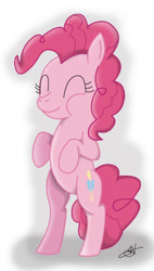 Size: 513x901 | Tagged: safe, artist:edonovaillustrator, imported from derpibooru, pinkie pie, earth pony, pony, bipedal, eyelashes, female, mare, signature, smiling, solo