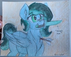 Size: 3394x2729 | Tagged: safe, artist:reddthebat, imported from derpibooru, oc, oc only, oc:alaska (reddthebat), ghost, ghost pony, pegasus, pony, undead, arrow, female, mare, mouth hold, signature, solo, sword, traditional art, weapon