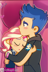 Size: 1024x1536 | Tagged: safe, imported from derpibooru, flash sentry, sunset shimmer, human, equestria girls, ai content, ai generated, blushing, duo, duo male and female, eyebrows, eyes closed, female, flashimmer, heart, male, open mouth, shipping, straight