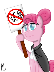 Size: 1620x2160 | Tagged: safe, artist:jesslmc16, idw, imported from derpibooru, pinkie pie, earth pony, anti-sugar pinkie pie, cape, clothes, comic, digital art, female, g4, holding, holding sign, mare, sad, sign, signature, simple background, sitting, solo, straight hair, white background