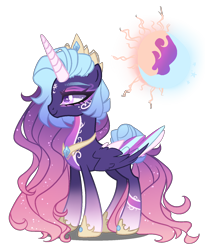 Size: 1300x1586 | Tagged: safe, artist:gihhbloonde, imported from derpibooru, oc, oc only, alicorn, pony, alicorn oc, anklet, body markings, closed mouth, colored horn, colored pupils, colored wings, colored wingtips, crown, eyeshadow, facial markings, female, folded wings, fusion, fusion:princess celestia, fusion:princess luna, gradient legs, gradient mane, gradient tail, hoof shoes, horn, jewelry, lidded eyes, makeup, mare, multicolored wings, pale belly, peytral, purple eyes, regalia, side view, simple background, smiling, solo, sparkly mane, sparkly tail, standing, tail, tail bun, tiara, transparent background, wings