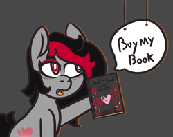 Size: 972x771 | Tagged: safe, artist:lazerblues, imported from derpibooru, oc, oc:miss eri, earth pony, pony, author, book, cardboard cutout, emo