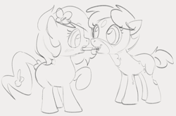 Size: 1302x858 | Tagged: safe, artist:dotkwa, imported from derpibooru, oc, oc only, oc:deary dots, oc:kayla, earth pony, pony, duo, female, filly, flower, flower in hair, foal, food, gray background, grayscale, grin, monochrome, mouth hold, popsicle, simple background, sketch, smiling