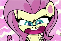 Size: 1068x720 | Tagged: safe, imported from derpibooru, fluttershy, my little pony: pony life, angry, fluttershy giant, fluttershy is not amused, giant fluttershy, giantshy, macro, unamused, yelling