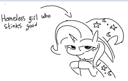 Size: 829x528 | Tagged: safe, artist:tjpones, imported from derpibooru, trixie, pony, unicorn, arrow, black and white, female, grayscale, homeless, hooves together, looking at you, mare, monochrome, simple background, smug, solo, text, white background