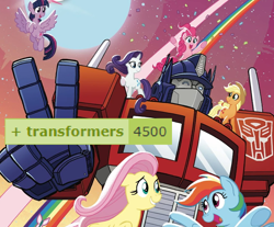 Size: 1080x896 | Tagged: safe, idw, imported from derpibooru, applejack, fluttershy, pinkie pie, rainbow dash, rarity, twilight sparkle, alicorn, robot, derpibooru, cybertronian, meta, optimus prime, photo, the magic of cybertron, transformers, twilight sparkle (alicorn)