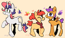 Size: 1280x752 | Tagged: safe, artist:ponydoodles, imported from twibooru, apple bloom, scootaloo, sweetie belle, earth pony, pegasus, pony, unicorn, alternate cutie mark, alternate hairstyle, beige background, cutie mark crusaders, ear piercing, female, image, leonine tail, mare, neckerchief, older, older apple bloom, older cmc, older scootaloo, older sweetie belle, one eye closed, piercing, png, small wings, smiling, trio, trio female, wings, wink