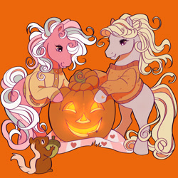 Size: 2048x2048 | Tagged: safe, artist:daffidaizy, imported from derpibooru, autumn skye, cotton candy (g3), earth pony, pony, squirrel, acorn, clothes, duo, g3, halloween, holiday, hoof heart, jack-o-lantern, orange background, pumpkin, simple background, sweater, the perfect pumpkin, underhoof