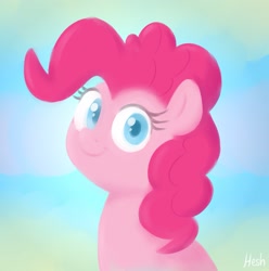 Size: 1857x1875 | Tagged: safe, artist:heretichesh, imported from derpibooru, pinkie pie, earth pony, pony, bust, colored pupils, cute, diapinkes, female, gradient background, looking at you, mare, ponk, signature, smiling, smiling at you, solo