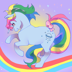 Size: 2000x2000 | Tagged: safe, artist:daffidaizy, imported from derpibooru, moonstone, pony, unicorn, bow, cute, female, g1, g1 adorastone, g1 to g4, g4, generation leap, mare, rainbow, solo, tail, tail bow