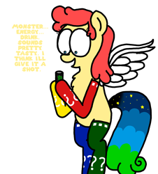 Size: 3023x3351 | Tagged: safe, artist:professorventurer, imported from derpibooru, oc, oc:power star, pegasus, pony, bipedal, clothes, dialogue, female, holding, mare, open mouth, open smile, pegasus oc, rule 85, simple background, smiling, socks, solo, spread wings, super mario 64, super mario bros., thigh socks, this will end in death, this will end in pain, this will end in pain and/or tears and/or death, this will end in tears, this will end in tears and/or death, white background, wings, xk-class end-of-the-world scenario