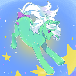 Size: 2000x2000 | Tagged: safe, artist:daffidaizy, imported from derpibooru, star hopper, pony, unicorn, bow, solo, starry background, tail, tail bow