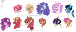 Size: 1280x544 | Tagged: safe, artist:grubbrains, artist:grubgruel, imported from twibooru, apple bloom, applejack, babs seed, big macintosh, pinkie pie, rainbow dash, rarity, scootaloo, spike, sugar belle, sweetie belle, dragon, earth pony, pegasus, pony, unicorn, alternate design, appledash, applejack's hat, bust, cowboy hat, family tree, female, hat, image, lesbian, male, mare, needs more jpeg, older, older apple bloom, older babs seed, older scootaloo, older spike, older sweetie belle, pegasus pinkie pie, polyamory, race swap, raridash, rarijack, rarijackdash, scar, shipping, short hair, simple background, spikebelle, stallion, straight, sugarmac, white background, winged spike