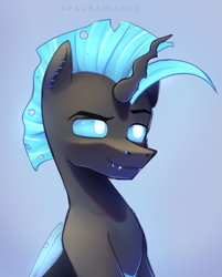 Size: 2197x2738 | Tagged: safe, artist:opal_radiance, imported from derpibooru, oc, oc:fortune, changeling, fallout equestria, blue, female, foe adventures, glowing, piercing, solo