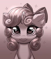 Size: 3206x3762 | Tagged: safe, artist:confetticakez, imported from derpibooru, oc, oc only, pony, unicorn, bow, cute, female, filly, foal, gradient background, hair bow, looking at you, monochrome, smiling, smiling at you, sparkles