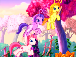 Size: 1280x960 | Tagged: safe, imported from derpibooru, screencap, tiddlywink, tra-la-la, zipzee, breezie, the princess promenade, breezie blossom, cute, diabreezies, diazipzees, flower, g3, tiddlybetes, tralalabetes, tree