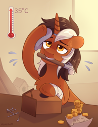 Size: 2449x3164 | Tagged: safe, artist:skysorbett, imported from derpibooru, oc, oc:wrench ironbolt, pony, unicorn, bird house, coin, hammer, horn, hot, male, nails, note, solo, stallion, stompy slippers, sweat, sweatdrop, thermometer, two toned mane, unicorn oc, unusual unicorn