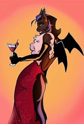 Size: 1465x2160 | Tagged: safe, artist:obscured, imported from derpibooru, anthro, bat pony, pony, alcohol, clothes, cocktail, dress, drink, female, party, solo