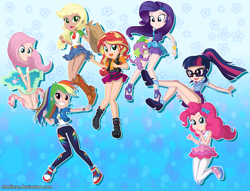 Size: 2030x1548 | Tagged: safe, artist:charliexe, artist:charliexe-edits, edit, imported from derpibooru, applejack, fluttershy, pinkie pie, rainbow dash, rarity, sci-twi, spike, spike the regular dog, sunset shimmer, twilight sparkle, dog, human, equestria girls, clothes, cowboy hat, fluttershy boho dress, glasses, hat, heart, heart eyes, human coloration, humanized, jacket, leather, leather jacket, leggings, rah rah skirt, rarity peplum dress, skirt, stetson, wingding eyes