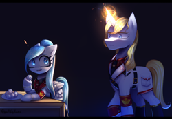 Size: 2052x1420 | Tagged: safe, artist:opal_radiance, imported from derpibooru, prince blueblood, oc, oc:opal rosamond, pegasus, pony, unicorn, dark, midnight, night, snack, solar, solar empire, treat