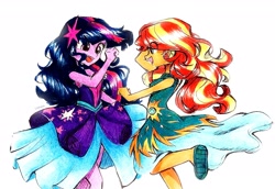 Size: 2612x1797 | Tagged: safe, artist:liaaqila, imported from derpibooru, sunset shimmer, twilight sparkle, human, equestria girls, legend of everfree, duo, simple background, smiling, traditional art, white background