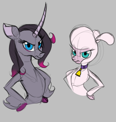 Size: 1350x1426 | Tagged: safe, artist:thescornfulreptilian, imported from derpibooru, sheep, unicorn, them's fightin' herds, community related, disappointed, duo, duo female, female, hoof on hip, oleander (tfh), oleander is not amused, pom (tfh), pom is not amused, sketch, unamused