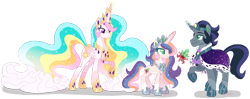 Size: 1280x506 | Tagged: safe, artist:shebasoda, imported from derpibooru, king sombra, princess celestia, oc, oc:princess hemera, alicorn, unicorn, blaze (coat marking), body markings, cape, celestibra, clothes, coat markings, colored eartips, colored eyelashes, colored pupils, colored wings, colored wingtips, crown, ethereal hair, ethereal mane, ethereal tail, facial markings, father and child, father and daughter, female, folded wings, gradient mane, gradient tail, green eyes, headcanon, hoof shoes, horn, horn ring, jewelry, looking at someone, looking down, male, mare, mother and child, mother and daughter, next generation, offspring, pale belly, parent:king sombra, parent:princess celestia, parents:celestibra, peytral, purple eyes, raised hoof, redesign, reformed sombra, regalia, ring, shipping, simple background, socks (coat markings), sparkly mane, sparkly tail, stallion, straight, tail, transparent background, unicorn oc, wings