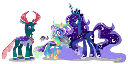 Size: 1280x647 | Tagged: safe, artist:shebasoda, imported from derpibooru, pharynx, princess luna, oc, oc:princess mariposa, alicorn, changedling, changeling, changepony, hybrid, pony, body markings, braid, changeling hybrid, coat markings, colored eyelashes, colored hooves, colored pupils, colored sclera, colored wings, colored wingtips, crown, ethereal hair, ethereal mane, ethereal tail, eyeshadow, facial markings, father and child, father and daughter, female, folded wings, gradient wings, headcanon, hoof shoes, horn, horn ring, hybrid oc, interspecies offspring, jewelry, lidded eyes, looking at someone, lunarynx, makeup, male, mare, mother and child, mother and daughter, multicolored wings, offspring, pale belly, parent:pharynx, parent:princess luna, parents:lunarynx, peytral, purple eyes, raised hoof, redesign, regalia, ring, shipping, simple background, smiling, socks (coat markings), sparkly, sparkly horn, sparkly mane, sparkly tail, stallion, standing, star (coat marking), starry mane, starry tail, straight, tail, teal eyes, tiara, transparent background, wings, yellow sclera