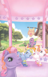 Size: 1680x2680 | Tagged: safe, artist:ken edwards, imported from derpibooru, desert rose, starbeam, sweetberry, twinkle twirl, earth pony, pony, bakery, belle of the ball, cake, dancing, female, food, g3, gazebo, group, mare, quartet, scan