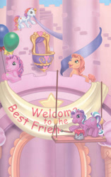 Size: 1680x2680 | Tagged: safe, artist:ken edwards, imported from derpibooru, skywishes, sunny daze (g3), toola roola, earth pony, pony, banner, belle of the ball, castle, female, g3, group, mare, quartet, scan