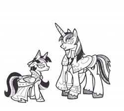 Size: 2628x2364 | Tagged: safe, artist:foldawaywings, imported from derpibooru, shining armor, twilight sparkle, alicorn, pony, unicorn, annoyed, black and white, brother and sister, clothes, duo, female, filly, filly twilight sparkle, foal, grayscale, ink drawing, male, monochrome, siblings, simple background, stallion, traditional art, twilight sparkle (alicorn), white background, younger