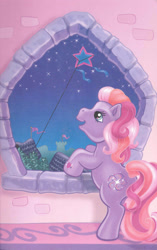 Size: 1680x2680 | Tagged: safe, artist:ken edwards, imported from derpibooru, twinkle twirl, earth pony, pony, belle of the ball, female, g3, happy, kite, mare, scan, solo, window