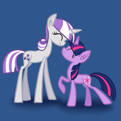 Size: 1121x1121 | Tagged: safe, artist:princessfaeron, imported from derpibooru, twilight sparkle, twilight velvet, pony, unicorn, boop, duo, ear fluff, eyes closed, female, mother and child, mother and daughter, noseboop, nuzzling, simple background, skinny, tall