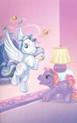 Size: 1680x2680 | Tagged: safe, artist:ken edwards, imported from derpibooru, star catcher, twinkle twirl, butterfly, earth pony, pegasus, pony, belle of the ball, duo, female, flying, g3, mare, scan, spread wings, wings