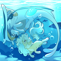 Size: 1000x1000 | Tagged: safe, artist:daffidaizy, imported from derpibooru, oc, oc only, unnamed oc, earth pony, fish, merpony, pony, bubble, duo, earth pony oc, looking at each other, looking at someone, merpony oc, seashell, underwater, water