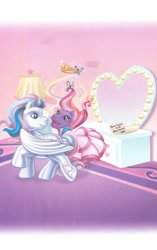 Size: 1680x2680 | Tagged: safe, artist:ken edwards, imported from derpibooru, star catcher, twinkle twirl, butterfly, earth pony, pegasus, pony, belle of the ball, clothes, crown, dress, duo, female, g3, jewelry, mare, mirror, note, regalia, scan, vanity