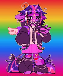 Size: 1704x2048 | Tagged: safe, artist:bunbunbewwii, imported from derpibooru, twilight sparkle, alicorn, anthro, pony, unguligrade anthro, backpack, bandaid, bandaid on nose, bisexual, bisexual pride flag, bisexuality, clothes, dyed hair, ear piercing, leg warmers, leonine tail, nonbinary, nonbinary pride flag, piercing, pride, pride flag, rainbow background, skirt, small wings, tail, twilight sparkle (alicorn), wings