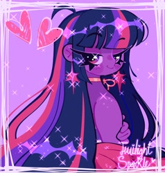 Size: 2006x2106 | Tagged: safe, artist:bunbunbewwii, imported from derpibooru, twilight sparkle, human, ear piercing, heart, humanized, piercing, purple background, simple background