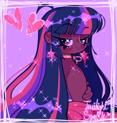 Size: 2006x2106 | Tagged: safe, artist:bunbunbewwii, imported from derpibooru, twilight sparkle, human, dark skin, ear piercing, heart, humanized, piercing, purple background, simple background