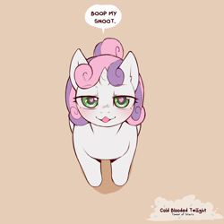 Size: 1200x1200 | Tagged: safe, artist:cold-blooded-twilight, imported from derpibooru, sweetie belle, pony, unicorn, blushing, boop request, brown background, dialogue, female, filly, foal, heart, heart eyes, high angle, looking at you, looking up, looking up at you, open mouth, simple background, speech bubble, wingding eyes