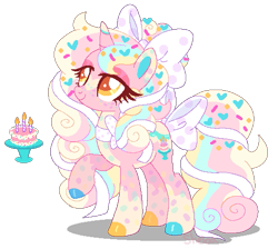 Size: 513x460 | Tagged: safe, artist:shebasoda, imported from derpibooru, oc, oc only, oc:birthday cake, pony, unicorn, big eyelashes, body markings, bow, closed mouth, clothes, coat markings, colored eartips, colored eyelashes, colored pupils, eyeshadow, facial markings, female, food, freckles, girly, golden eyes, hair bow, hair ribbon, horn, lidded eyes, looking up, makeup, mare, neck bow, pale belly, raised hoof, ribbon, simple background, smiling, socks, solo, sprinkles, standing, star (coat marking), tail, tail bow, transparent background, unicorn oc, yellow eyes