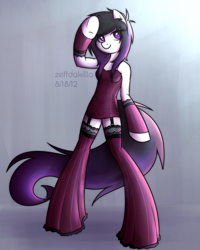 Size: 2000x2500 | Tagged: safe, artist:zeffdakilla, imported from derpibooru, oc, oc only, oc:lacey lullaby, earth pony, semi-anthro, arm warmers, clothes, dress, emo, female, looking away, raised hoof, smiling, socks, solo, standing, stockings, thigh highs