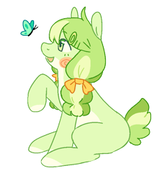 Size: 689x726 | Tagged: safe, imported from derpibooru, oc, oc only, oc:polliwog, butterfly, earth pony, pony, bow, female, filly, foal, green, green eyes, green hair, green mane, hair bow, hairclip, open mouth, pigtails, raised hoof, short tail, simple background, sitting, smiling, solo, tail, transparent background