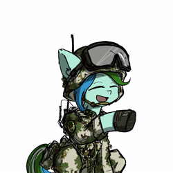 Size: 3937x3937 | Tagged: safe, artist:china consists of them!, imported from derpibooru, oc, oc:tracer wake, camouflage, clothes, commissioner:qqid, eyes closed, gorget patches, helmet, military, military uniform, oc:, patch, pla, radio, shoes, simple background, sitting, smiling, soldier, uniform, visor, white background