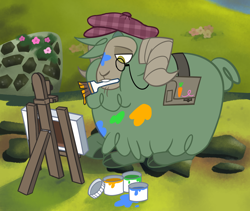 Size: 1114x939 | Tagged: safe, artist:nonameorous, imported from derpibooru, oc, oc:parsley (tfh), sheep, them's fightin' herds, bag, beret, cloven hooves, community related, easel, hat, looking down, male, meadow, monocle, mouth hold, paint, paint stains, paintbrush, ram, sitting, solo, teeth