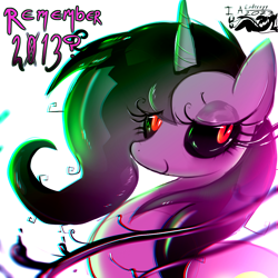 Size: 1024x1024 | Tagged: safe, artist:enderryy, imported from derpibooru, oc, pony, unicorn, digital art, edgy, female, feral, looking back, mare, nostalgia, simple background, smiling, solo, solo female, text