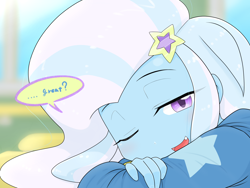 Size: 2224x1668 | Tagged: safe, artist:batipin, imported from derpibooru, trixie, human, equestria girls, lidded eyes, looking at you, one eye closed, one eye open, open mouth, open smile, question mark, smiling, talking to viewer